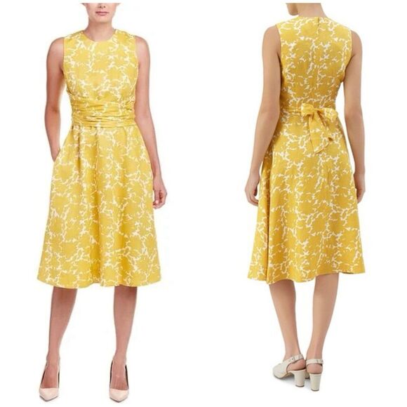Hobbs London Twitchell Dress Size 4 Yellow Floral Tie Wrap Belted Midi Linen - Picture 1 of 12